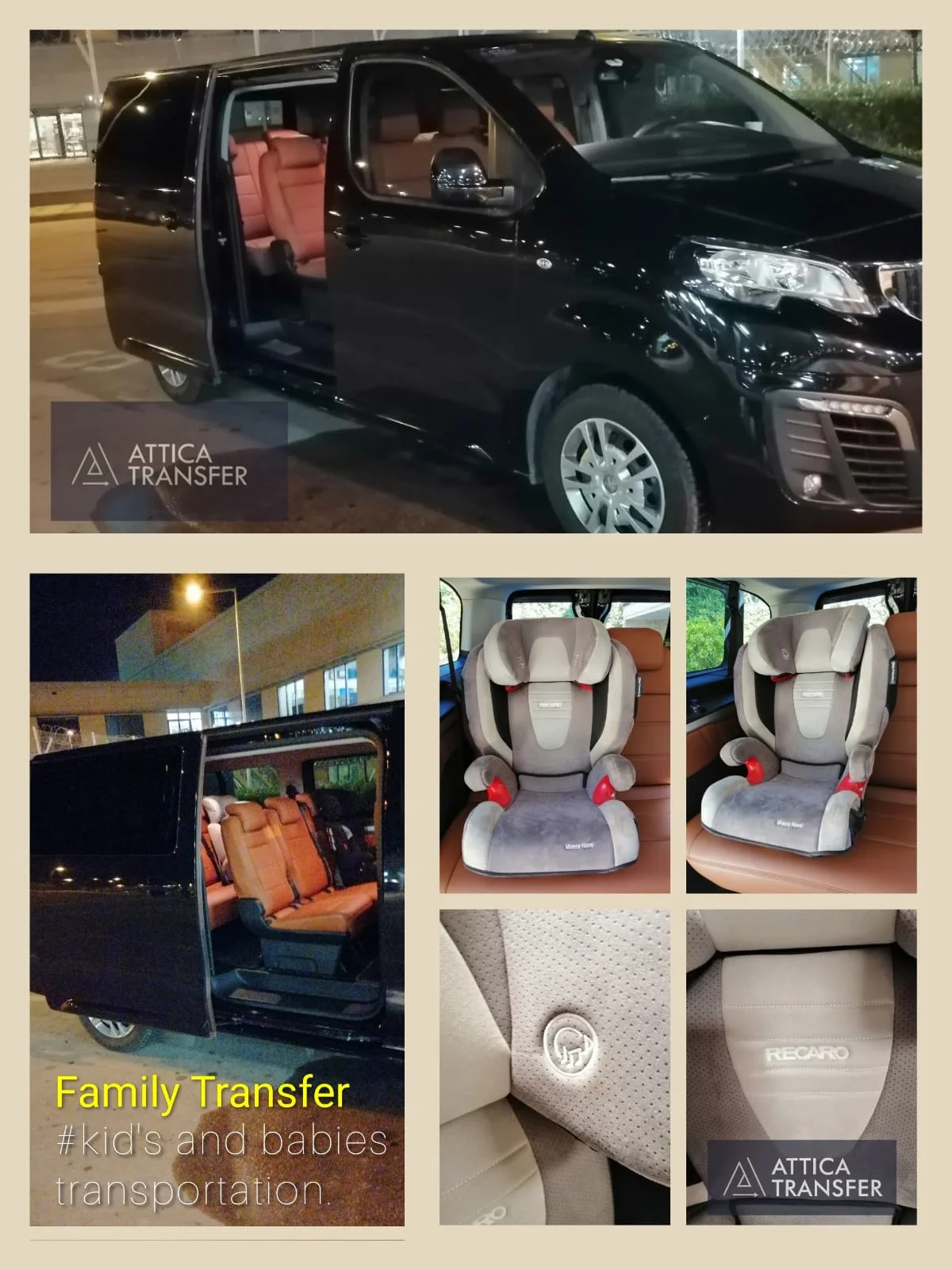 Φωτογραφίες Family Transfer: το mini van τη νύχτα με ανοιχτή πλαϊνή πόρτα, παιδικά καθίσματα RECARO στο δερμάτινο κάθισμα και λεπτομέρειες από τα σήματα
