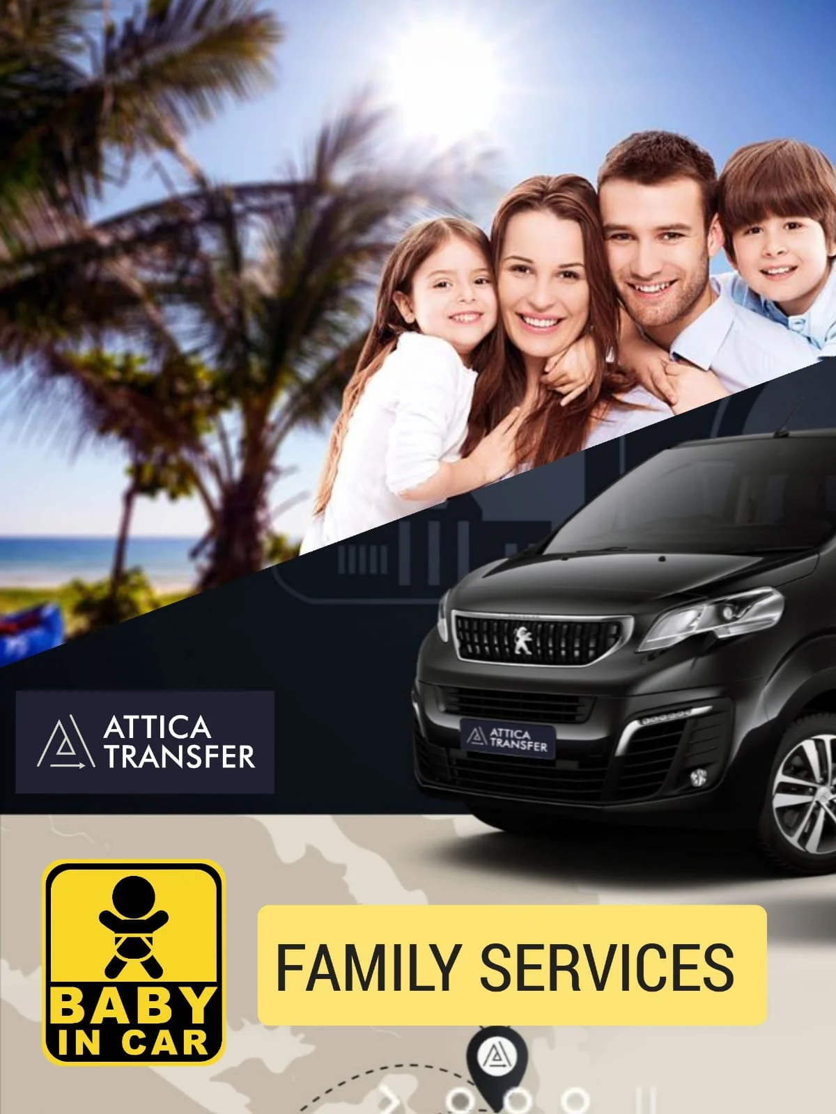 Αφίσα Family Services: οικογένεια τεσσάρων ατόμων σε διακοπές πάνω από το mini van της Attica Transfer, με σήμα Baby in Car